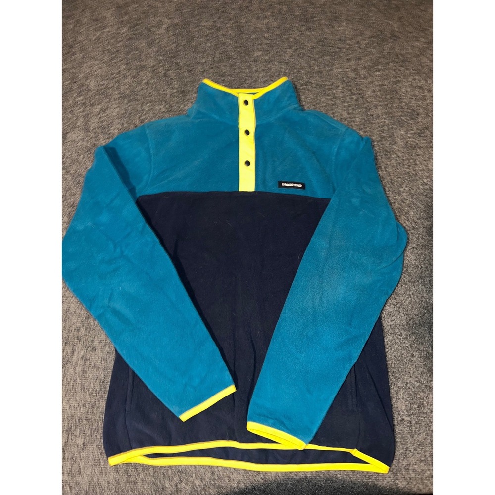 Lands End Fleece Pullover S Blue Navy Colorblock Snap Neck Neon Trim